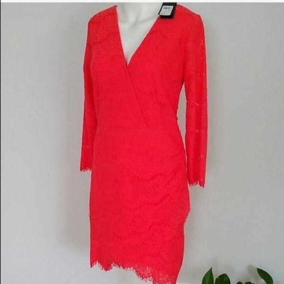 Guess Lace Dress Fitted Keyhole Back Orange Coral - Picture 2 of 7